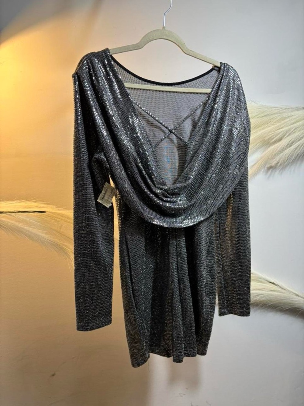 (#97) Sparkling Drape Back Metallic Top - Silver
